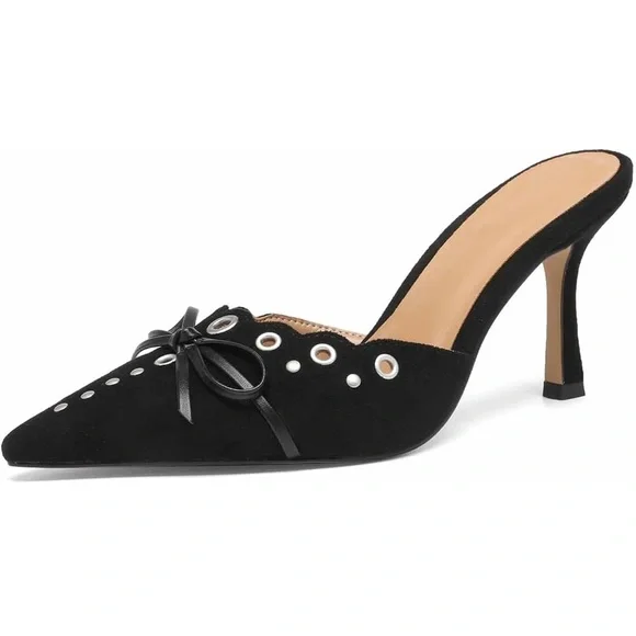 Black Studded Bow Kitten Heels Size 8.5 - Picture 1 of 9